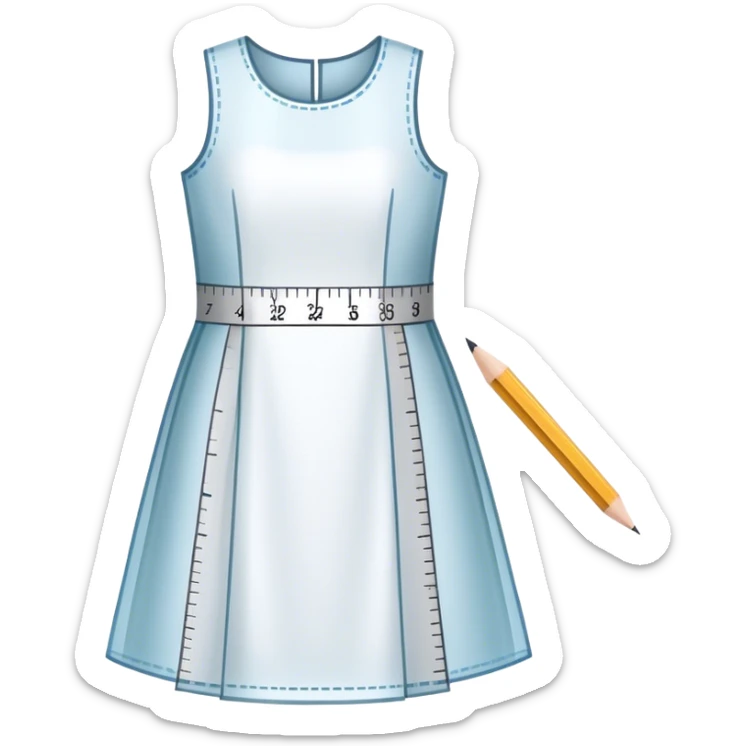 Icon for Fashion Design: a dress pattern with measurements, a ruler, and a pencil. The icon should represent the process of designing clothing with a focus on precision and tailoring. Transparent background. sticker