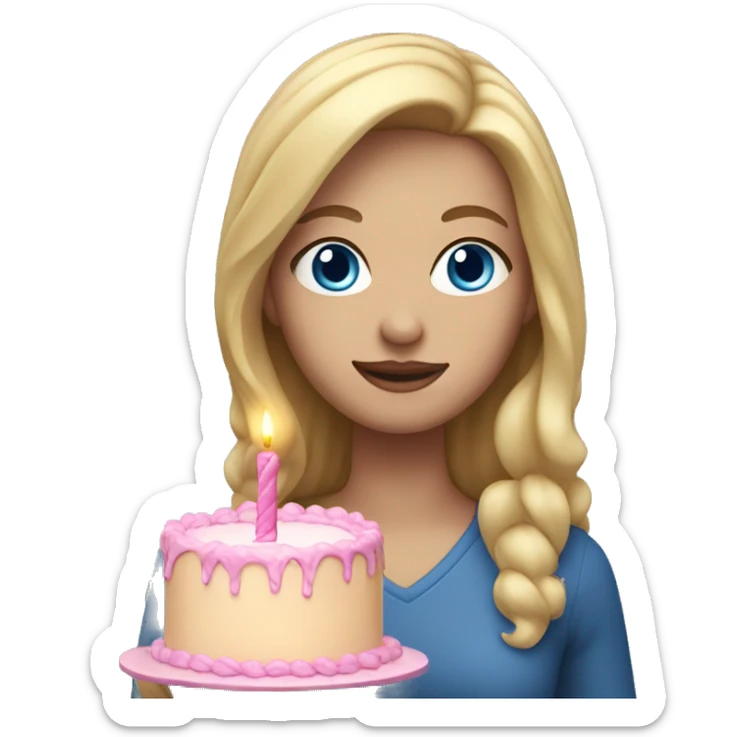 Woman with long blonde hair and blue eyes holding a pink birthday cake  sticker