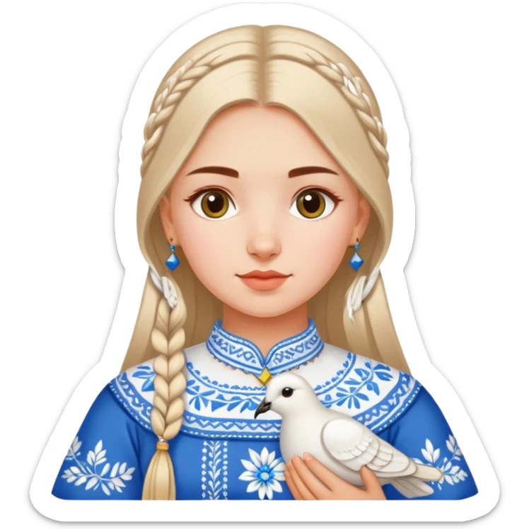 Ukrainian girl wearing a traditional embroidered vyshyvanka shirt with a white dove next to her sticker