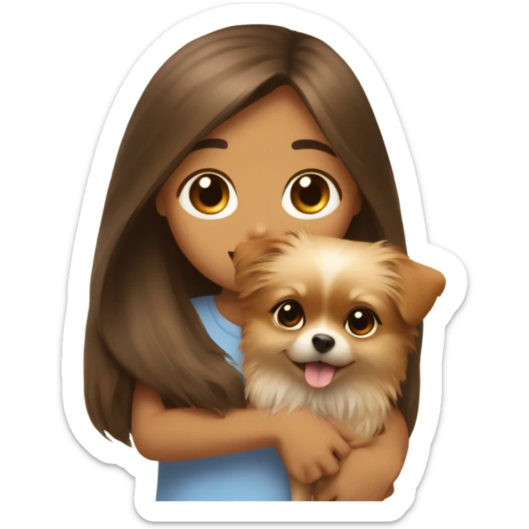 A girl with long hair and brown eyes hugs a small dog, a pomeranian sticker