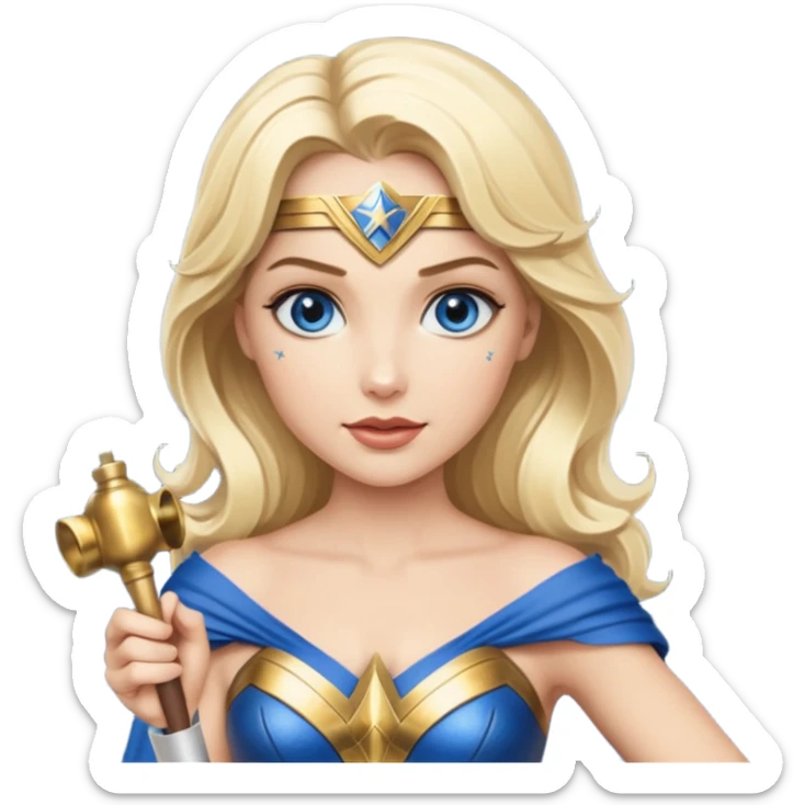Blonde blue eyed Wonder Woman holding white orchestra conductor’s baton and bell sticker