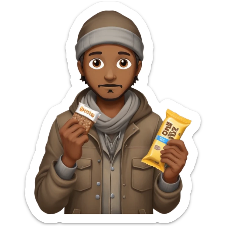 Generate a homeless man asking for money with a protein bar in his hand sticker