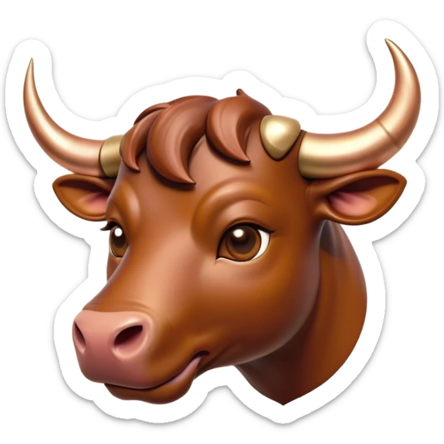 Cinematic Cute Domestic Bull Portrait Emoji, Head tilted playfully and inquisitively, with a sturdy, compact build and a smooth, polished coat of rich copper and brown hues accentuated by gently curved horns, round, sparkling eyes full of curious determination, Simplified yet irresistibly adorable features, highly detailed, glowing with a warm, friendly glow, high shine, affectionate and spirited, stylized with a touch of rustic charm, soft glowing outline, capturing the essence of a mischievous yet loving domestic bull that feels like it could trot out of the screen and into your arms! sticker