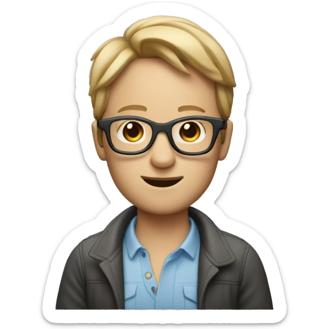 memoji of a person with a laptop, apple style, caucasian with short hair and glasses sticker