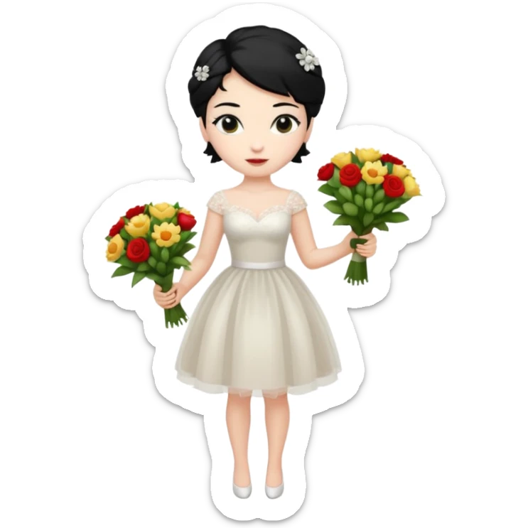 Chica blanca,cuerpo entero, vestido boda corto, pelo negro,  ramo de flores , pelo recogido sticker