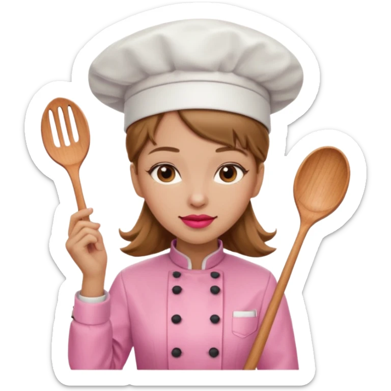 Girl in pink chef outfit, light brown hair, light skin, red lipstick sticker