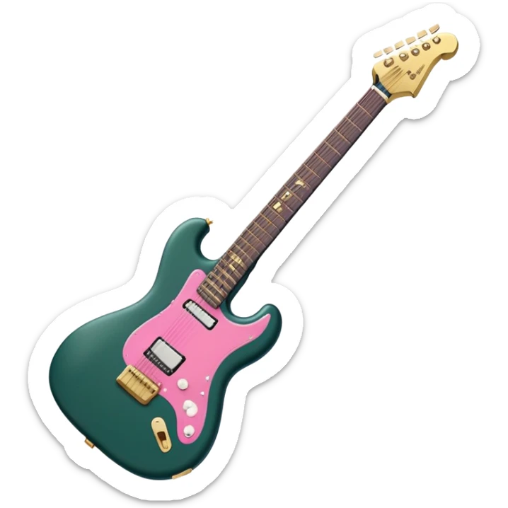 minimalist electric guitar in dark green with pink and blue stripe decal, closed inside a black rectangular hard case with gold latches, flat semi-3D style, soft matte textures, simplified details, stylized decal accent, compact artistic look sticker