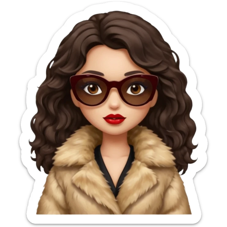 generate a pretty fair bratz girl with dark brown eyes, dark brown wavy hair, beige fur coat, black sunglasses, red lipstick. RICH sticker