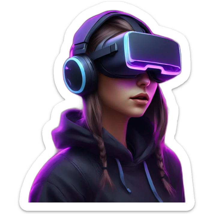 Russian girl wearing a black hoodie with "OMG" letters on it and VR headset in a cyberpunk VR environment with violet neon lighting. sticker