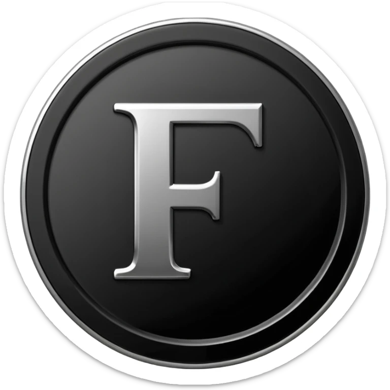 Emoji icon of a black coin with engraved letter F, minimalist style, isolated sticker