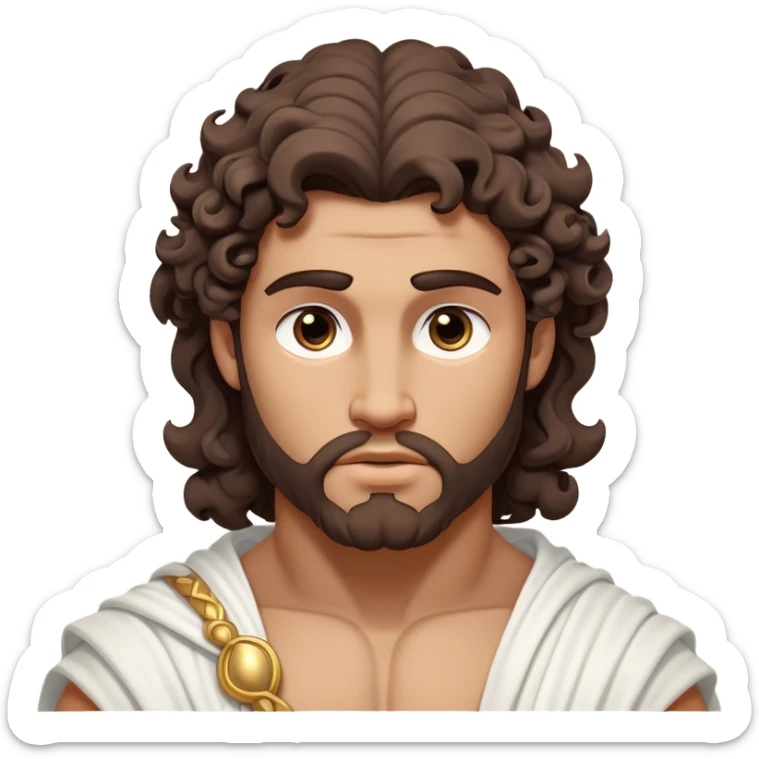 Cinematic Realistic Hercules Portrait, depicted as a classical Greek hero inspired by the Disney version yet echoing the refined proportions and serene dignity of Michelangelo's David. His idealized, tan skin glows with timeless strength, and his thick, curly wavy dark brownhair falls in natural, sculpted curls. Draped in a flowing white robe with delicate golden accents, his expressive eyes radiate determined nobility, all rendered under dynamic natural lighting with a mythic, radiant glow. sticker