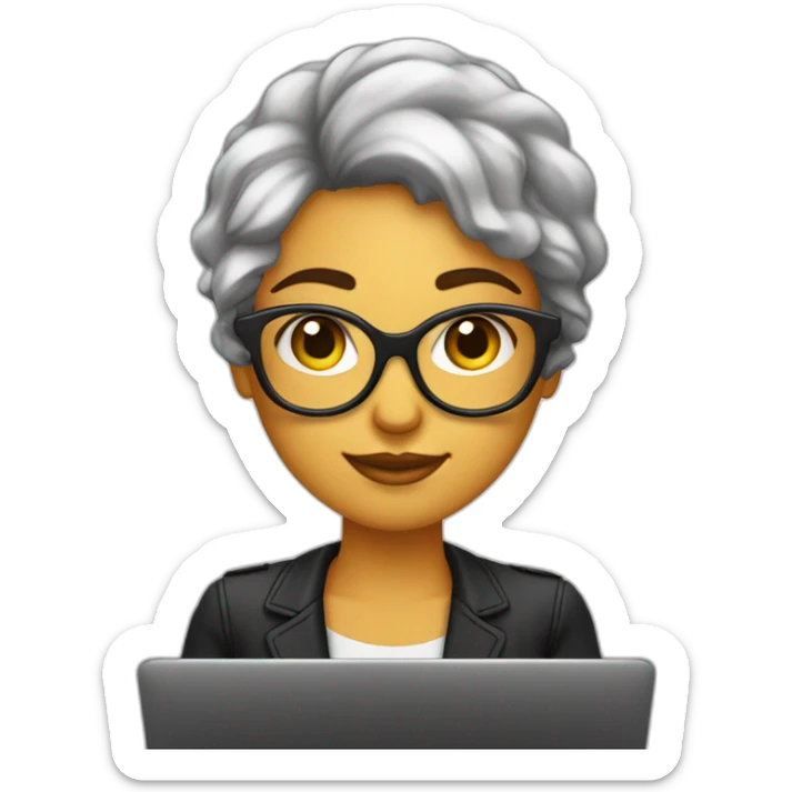 mujer piel blanca pelo negro gafas y trabajando en laptop sticker