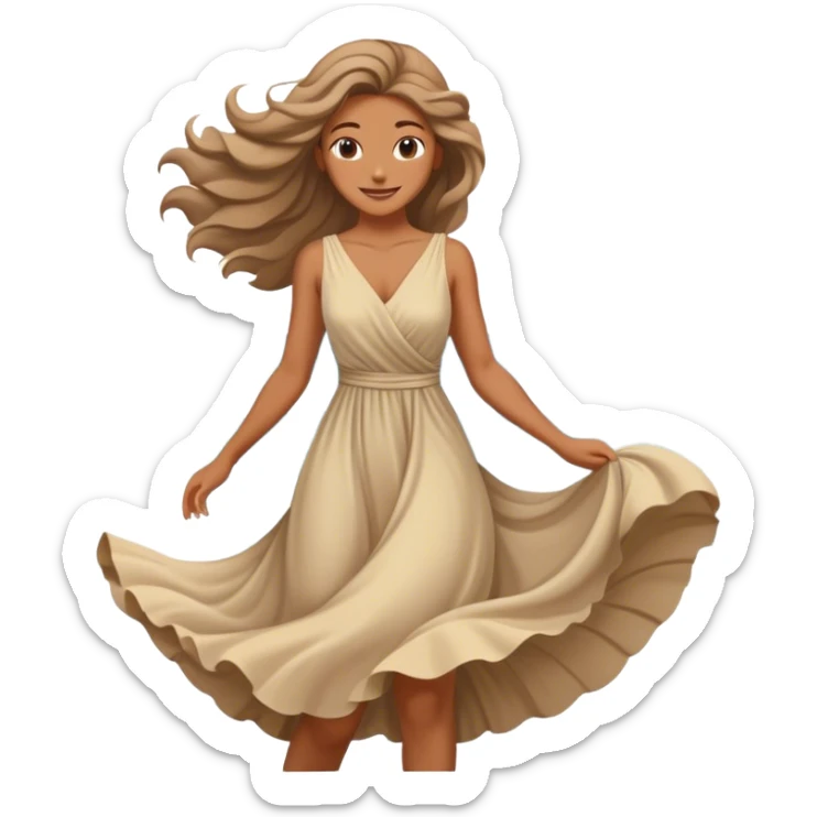 A woman in a flowing dress by the ocean, wind in her hair, a serene and confident smile with beautiful finish. sticker