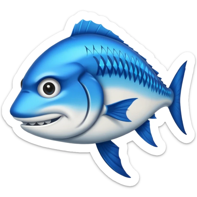 Emoji de poisson barracuda stylisé, dessin cartoon, bleu avec lettres ‘BARRACUDA’ dans le corps, expression féroce.” sticker