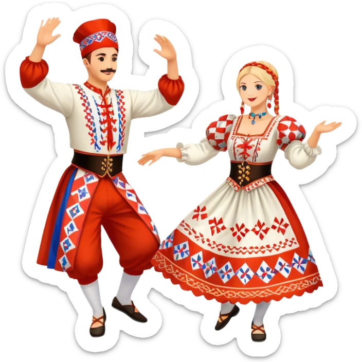 Cinematic Realistic scene of two performers engaging in the Croatian Linđo folk dance, adorned in vibrant traditional costumes with intricate patterns and accessories, captured in graceful, synchronized motion under festive natural lighting. sticker