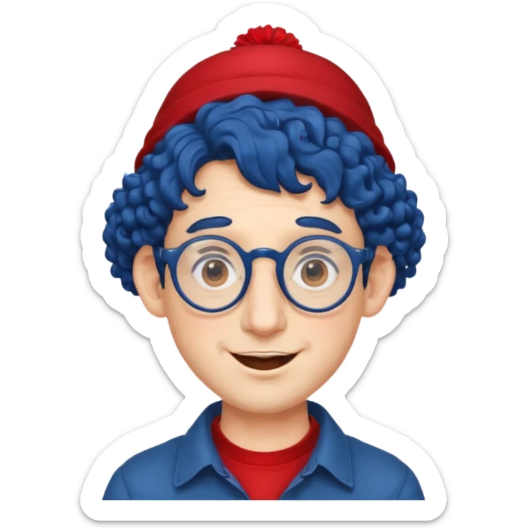 dark blue haired man curly hair with big ears and red earrings and spectacles happy and hat wearing sticker