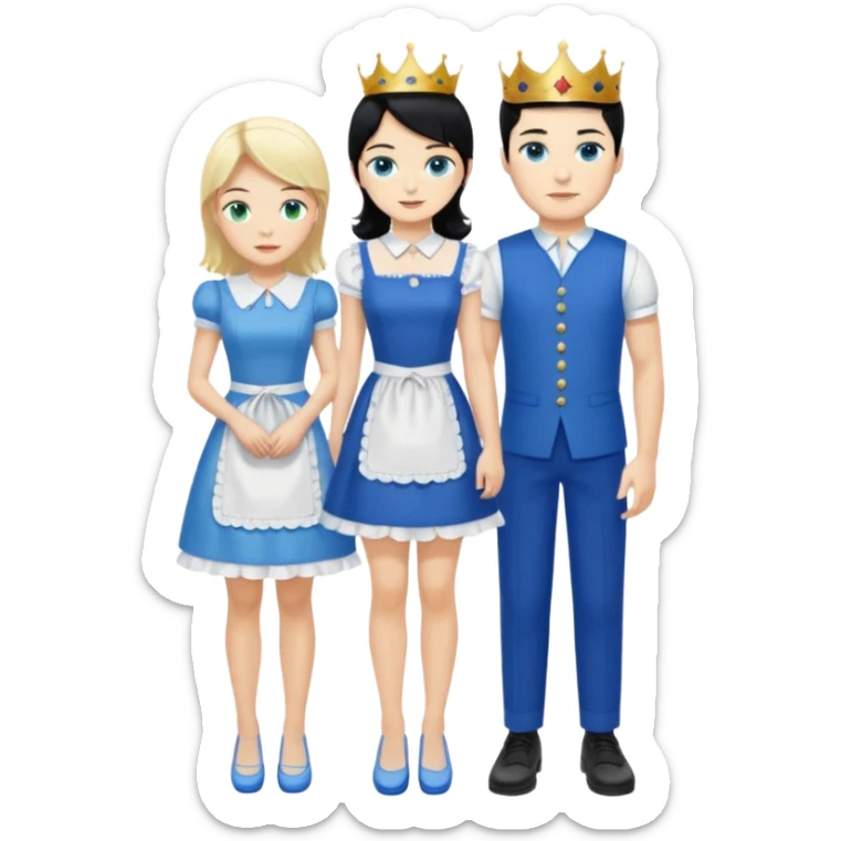 King, black hair, body, legst, blue eyes, blue garmont,  shoes, blonde maid, green eyes, sexy short sleveless White dress, shoes sticker