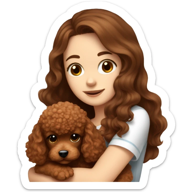 A white girl with long brown hair hugging a cute red brown toy poodle puppy  sticker