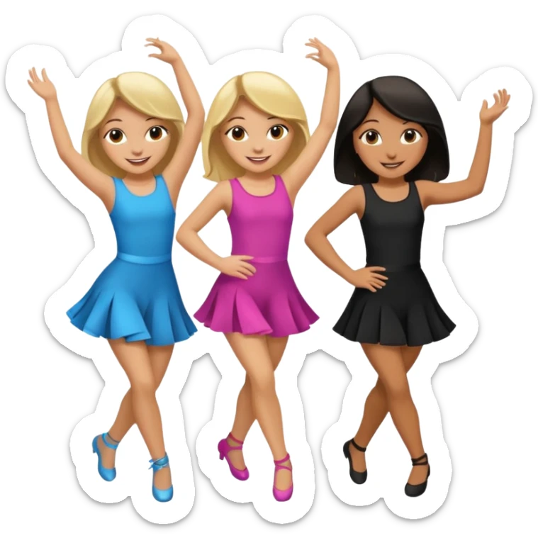 Emoji of 3 Girls dancing one with blonde hair, one tan skin with brown hair and one with black hair sticker