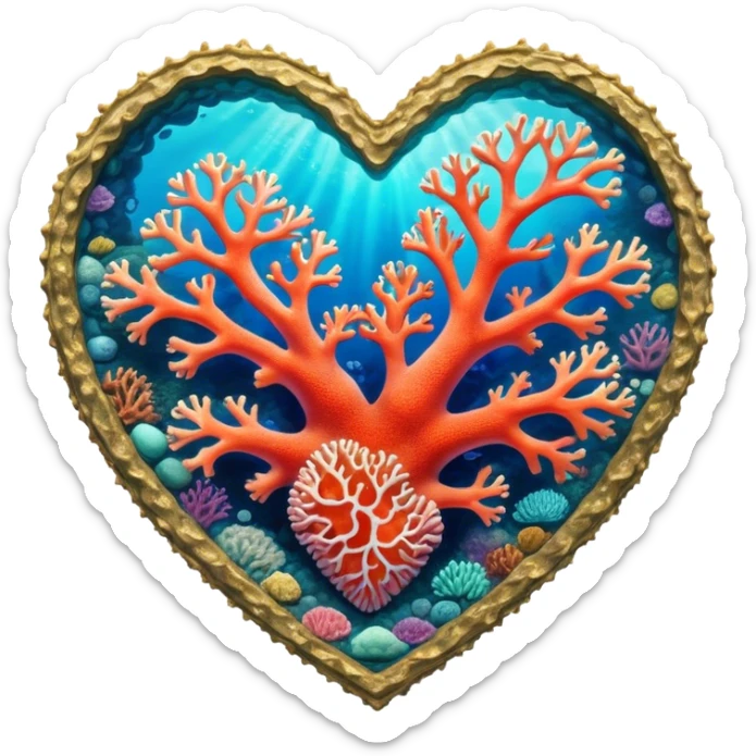 Cinematic Realistic Heart Reef Landscape Emoji, depicted with a naturally heart‚Äêshaped coral formation in vibrant marine hues, rendered with detailed underwater textures and luminous lighting. sticker