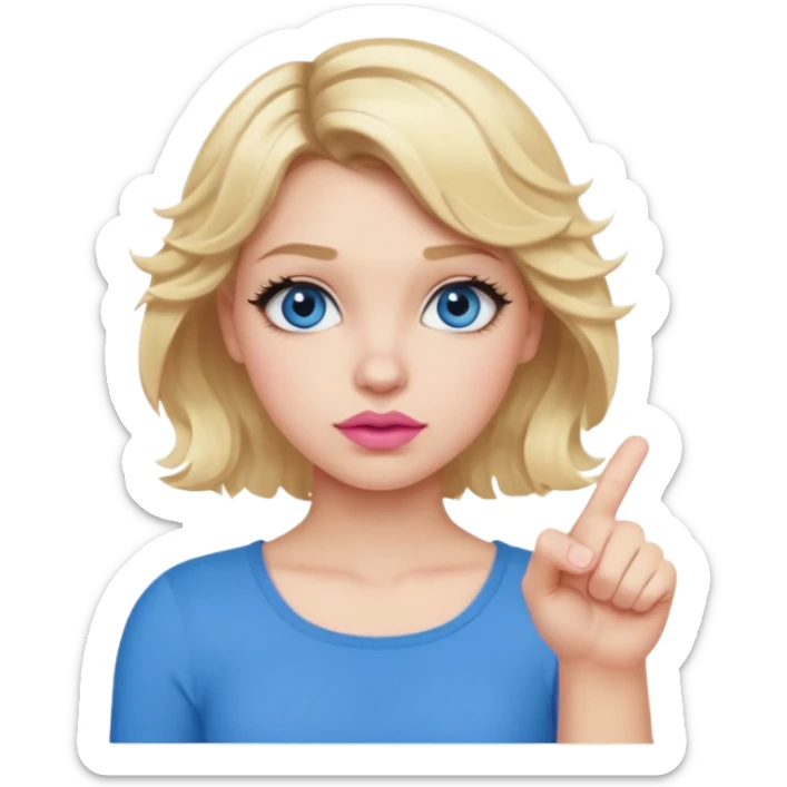 Girl Blonde short wavy hair,  blue eyes, cute blue top, long lashes, pink lips, showing thumbs down 👎  sticker
