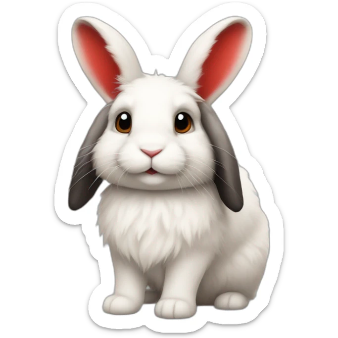 Fluffy bunny with lop ears and red and black spots on his ears and back. sticker