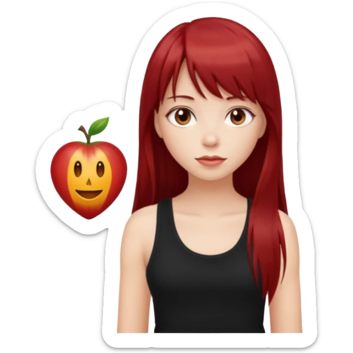 a pretty bratz fair girl with long dark red straight hair with bangs, wearing a black tank top sticker