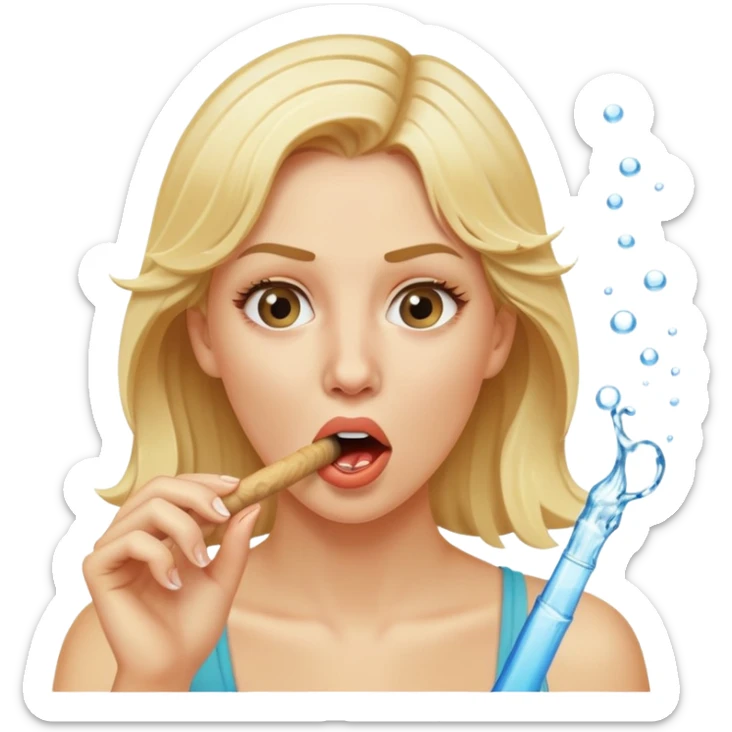 blond woman biting a skin-tone stick, water jet shooting from the stick into her mouth, surprised look sticker