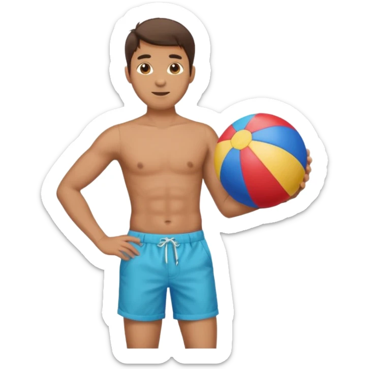 A man in Bermuda shorts as a full-body swimsuit and a beach ball sticker