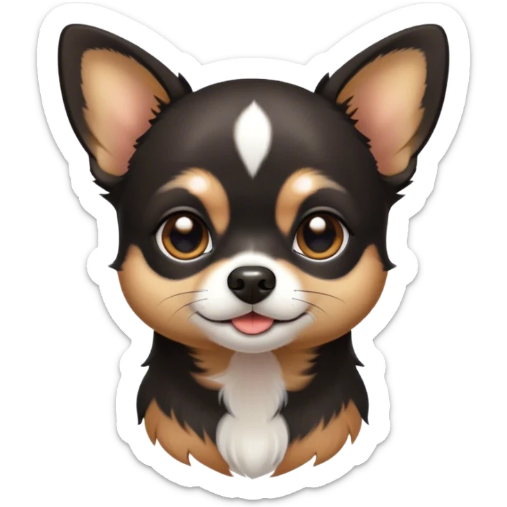 Cinematic Cute Black Tri Short Haired Chihuahua Portrait Emoji, Head tilted playfully and inquisitively, sleek black tri-color fur with bold patches of white and tan, round, sparkling dark eyes filled with curiosity, Simplified yet irresistibly adorable features, highly detailed, glowing with a warm, friendly glow, high shine, affectionate and lively, stylized with a touch of whimsy, bright and endearing, soft glowing outline, capturing the essence of a mischievous yet loving pup, so playful it feels like it could bound out of the screen and into your arms! sticker