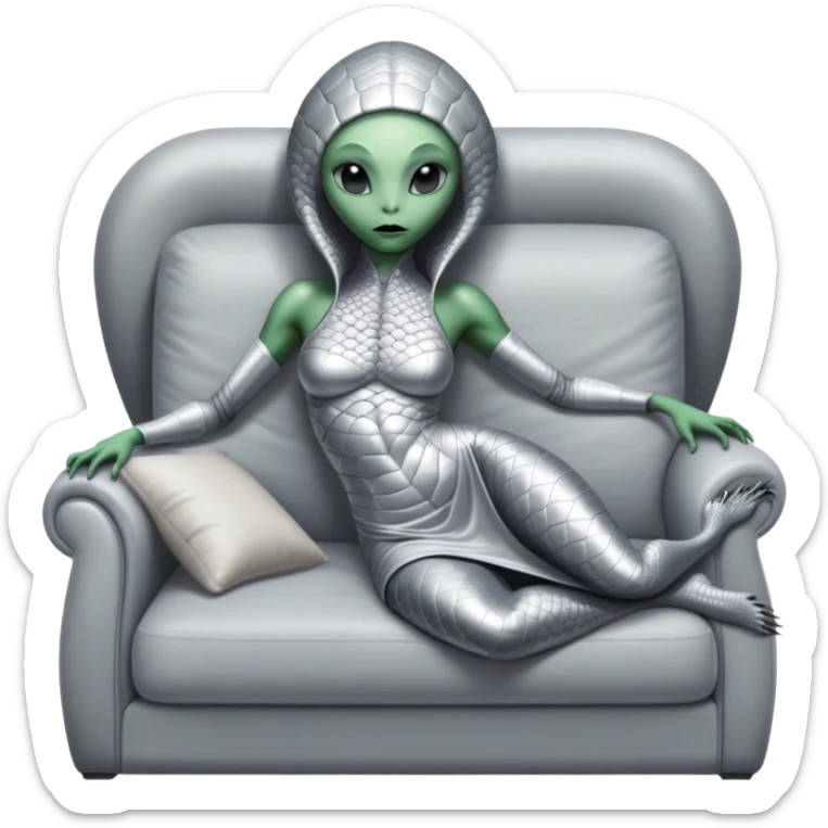 a reptilian alien woman, in silver dress, lie on couch comfy, full figure sticker