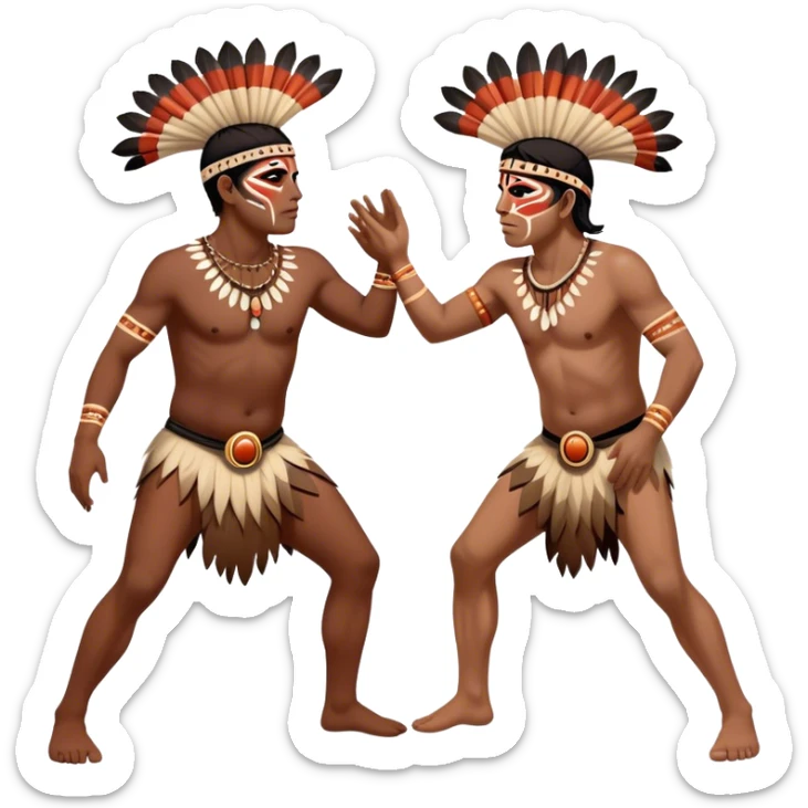 Cinematic Realistic scene of two indigenous male aboriginals performing an Aboriginal Corroboree, adorned in traditional body paint, A corroboree is an Australian Aboriginal ceremonial meeting. It usually includes celebration of Aboriginal mythology and spirituality, which is based in the Dreaming sticker