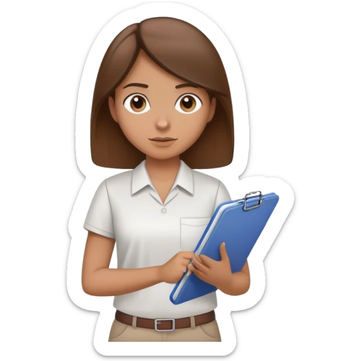 Intern or volunteer with brown hair holding a clipboard and pencil, ready to take notes or assist. The character wears a simple shirt and has an eager posture sticker