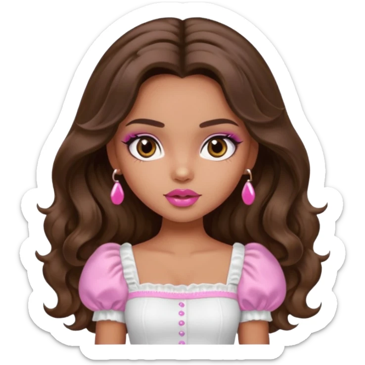 generate a pretty bratz girl with dark brown eyes in a white puff sleeve top. Pink lipgloss. Brown wavy hair long.  sticker