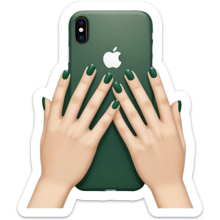 female hand with nude manicure (5 fingers) holding an iPhone in a dark green case, top view, minimalism, emoji style sticker