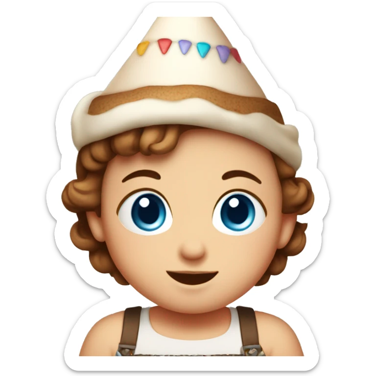 A cute blue-eyed baby with brown hair in a festive hat and a cake sticker