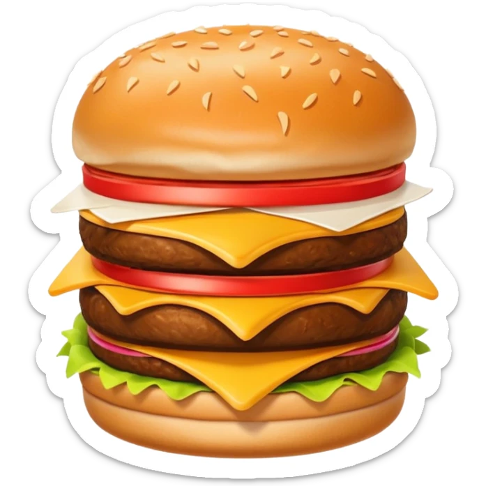 A clean and simple icon of fast food in emoji-style illustration. A burger with fries, naggets and shaverma, bright and bold colors, simple shapes, flat design, high contrast, inviting and appetizing. sticker
