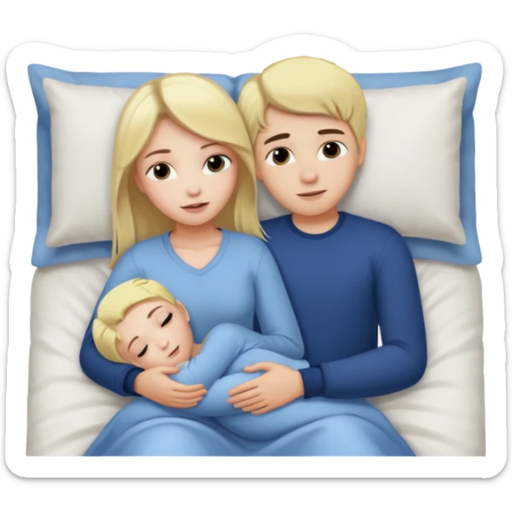 Girl with dark hair and boy with blonde in a bed cuddling  sticker