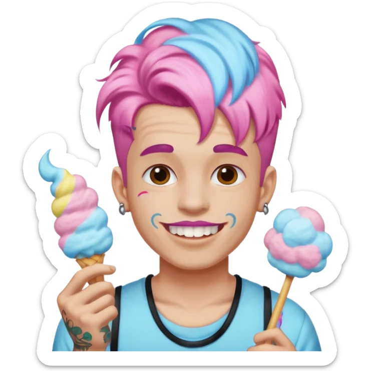 happy colorful haired man made out of cotton candy with braces and tattoos and just face not holting anything sticker