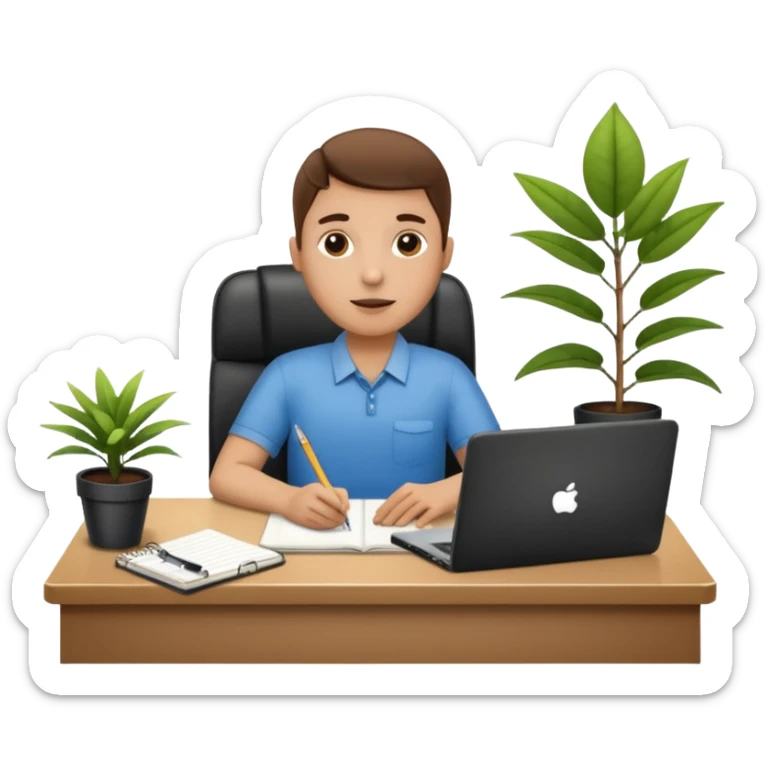 imagen de oficina con escritorio, silla, notebook, agenda y una plata con un cartel que diga FUERA DE OFICINA sticker