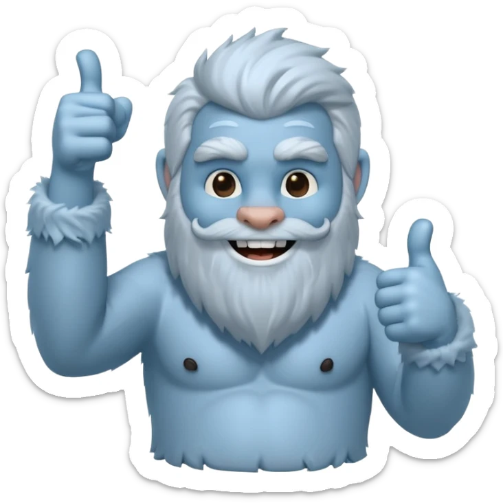 yeti, full body, ice grey blue, full beard, full fur, thumbs up, smiling, winking sticker