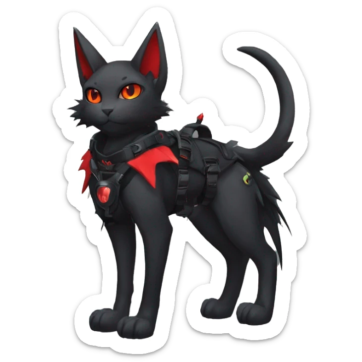 Anthro cool cute edgy elegant pretty black punk techwear red fantasy nargacuga-bat-cat-Fakemon collar harness warrior full body sticker