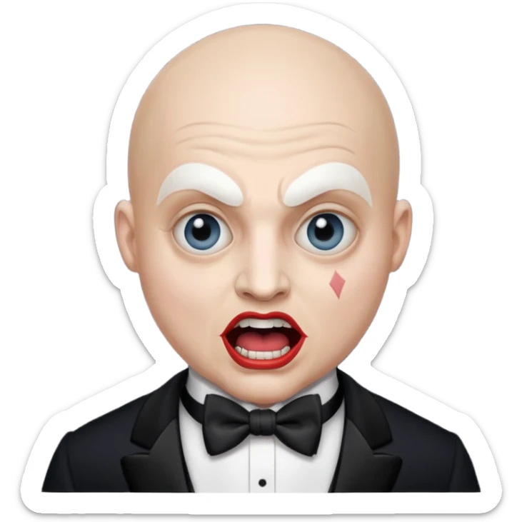 a bald cabaret actor with a white-painted face and heavily made-up eyes and mouth, a huge, wide-open mouth, and a startled look sticker