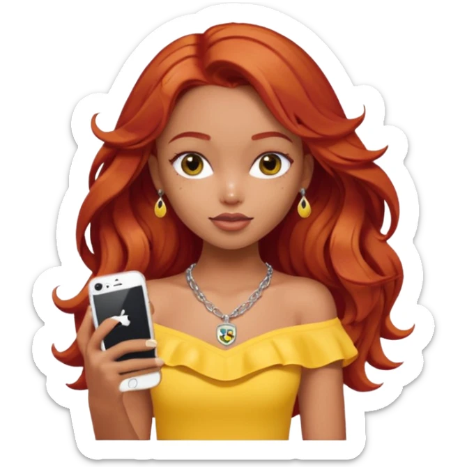 a pretty bratz girl with wavy red hair, wearing a yellow brazil jersey falling off her shoulder. silver dainty layered necklaces, carrying an iphone sticker
