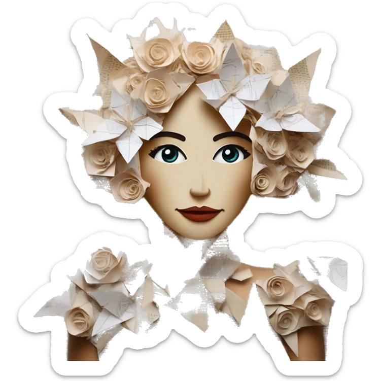  lady face made of 420 origami newspaper roses hemp leaves lantern fairy lights burning paper flowers and hemp leaves in hair  sticker