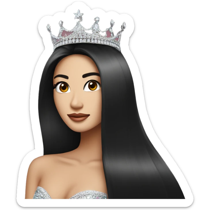 Miss universe south east Asian with very long straight black hair with a crown sticker