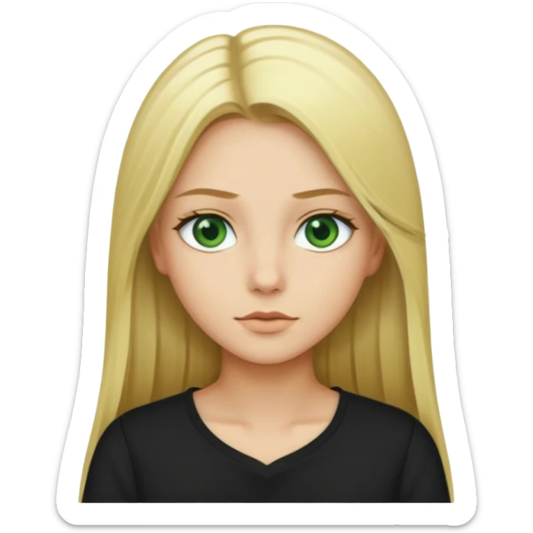 Long straight blonde hair with green eyes and black shirt sticker