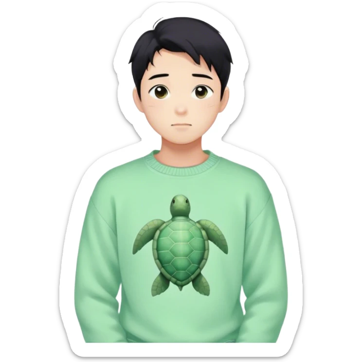 Gorgeous pastel green sweater black hair anime style shojo guy with blushing face and, turtle, aesthetic, young adult, trending style outside  sticker