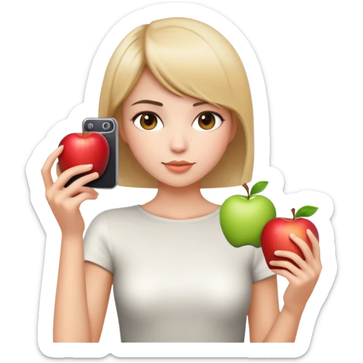 beautiful young lady with short straight hair taking a photo, upper body view, Apple emoji style sticker