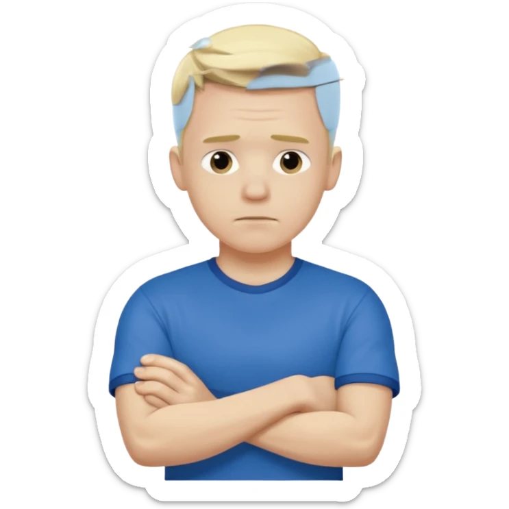Pale blond man in blue football t shirt crossed arms showing that he is cold sticker